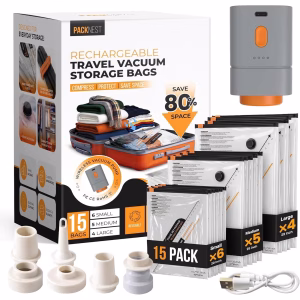 Packnest 15 Pack Vacuum Storage Bags with Portable Rechargeable Pump, Space Saver, Vacuum Seal Bags for Clothes, Travel, and Luggage